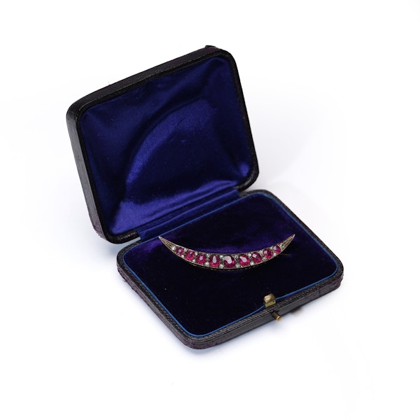 Victorian 9kt Gold ruby and diamond crescent brooch - image 2