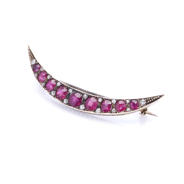 Victorian 9kt Gold ruby and diamond crescent brooch - image 3