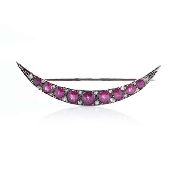 Victorian 9kt Gold ruby and diamond crescent brooch - image 6