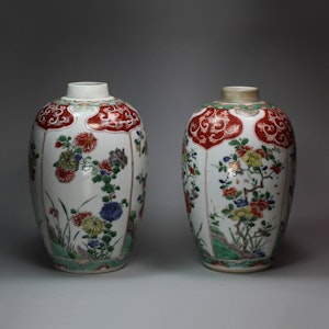 Near pair of Chinese famille-verte ovoid jars, Kangxi (1662-1722)