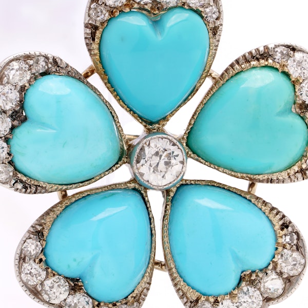 Victorian 9kt gold and silver diamond turquoise flower head brooch - image 2