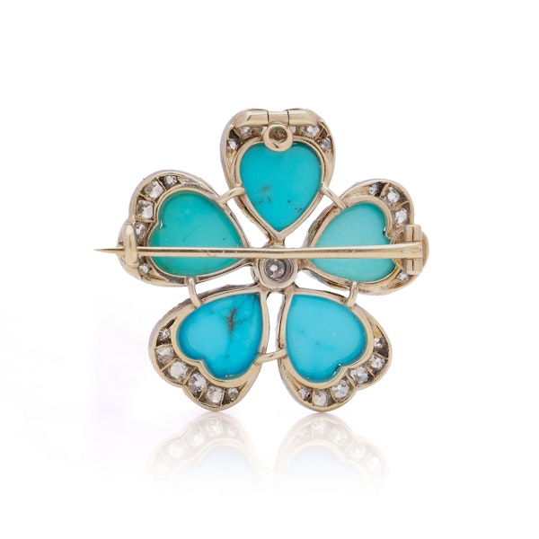 Victorian 9kt gold and silver diamond turquoise flower head brooch - image 3