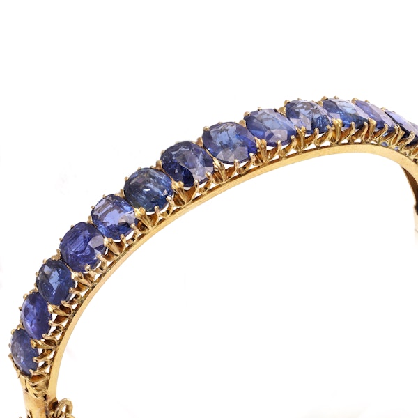 Antique Victorian 18kt gold Sapphire bangle with safety chain - image 2