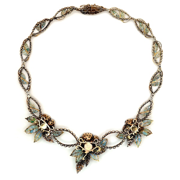 Moira Sapphire, Diamond, Plique a Jour Enamel, Silver and Gold Triple Flower and Leaf Necklace - image 5