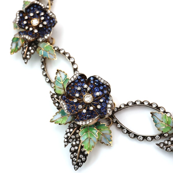 Moira Sapphire, Diamond, Plique a Jour Enamel, Silver and Gold Triple Flower and Leaf Necklace - image 4