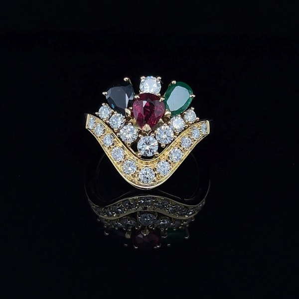 Multicolour Emerald, Ruby, Sapphire & Diamond Cluster Ring - image 1