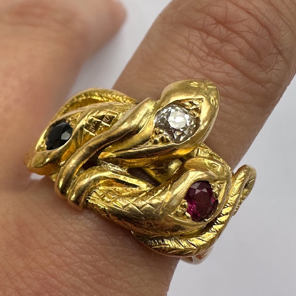 Antique Ruby Diamond Sapphire 3 Head Snake Ring - image 2