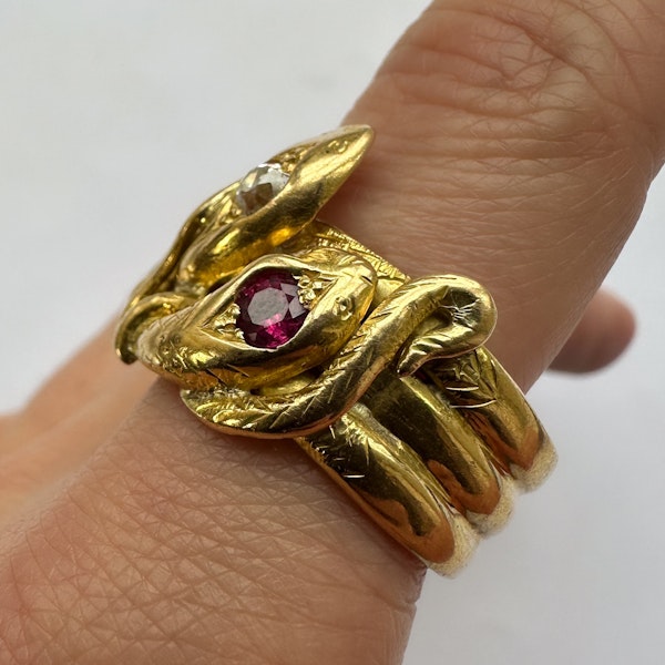 Antique Ruby Diamond Sapphire 3 Head Snake Ring - image 3