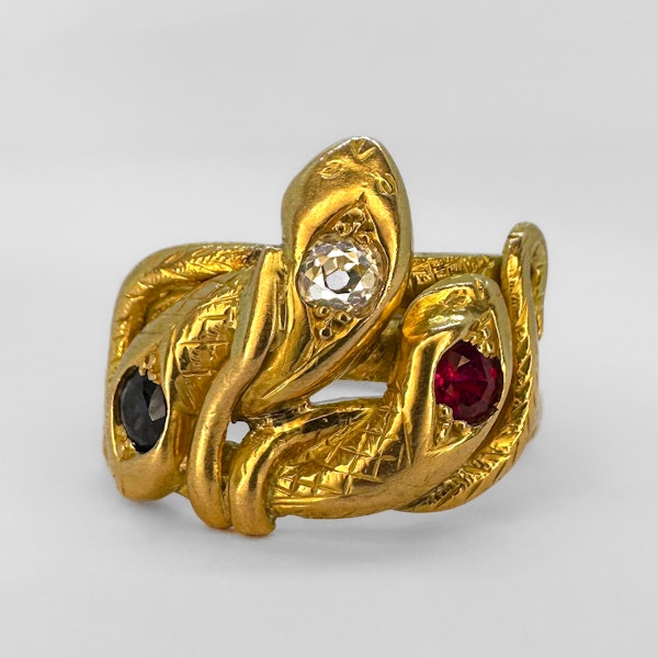 Antique Ruby Diamond Sapphire 3 Head Snake Ring - image 1