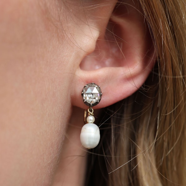 Vintage Rose Cut Diamond, Pearl, Silver and Gold Earrings, Circa 1936 - image 2