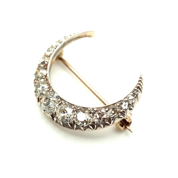 Antique Diamond and Silver Upon Gold Crescent Brooch, Circa 1890, 4.00 Carats - image 2