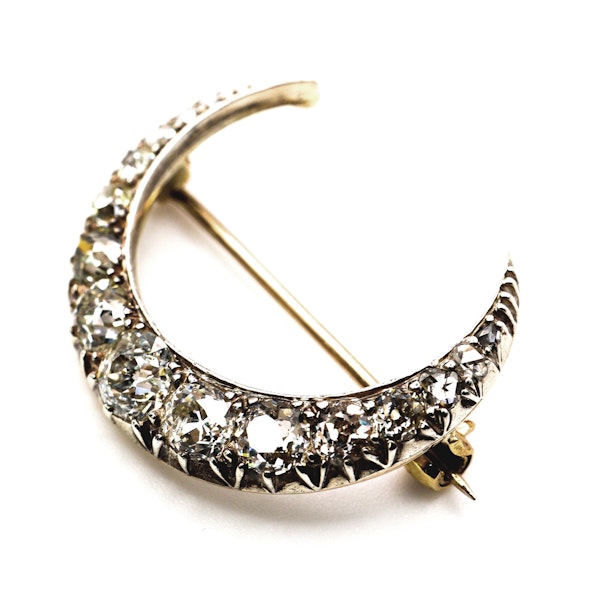 Antique Diamond and Silver Upon Gold Crescent Brooch, Circa 1890, 4.00 Carats - image 4