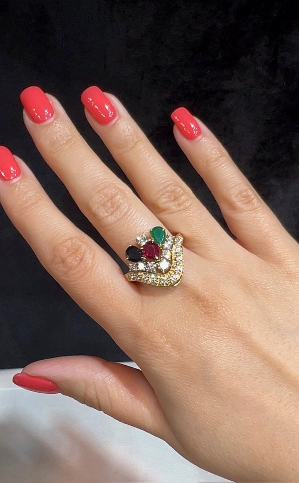 Multicolour Emerald, Ruby, Sapphire & Diamond Cluster Ring - image 5