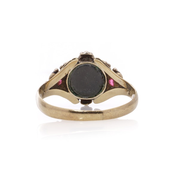 Victorian 18kt Gold Ring with Pearls, Garnet, and Emerald - image 4