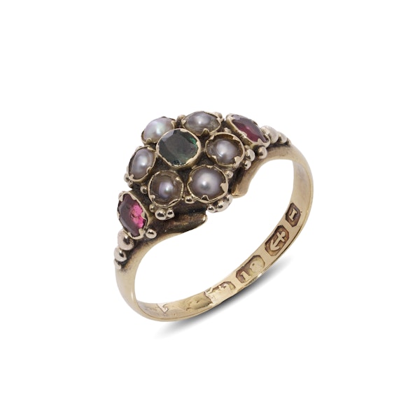 Victorian 18kt Gold Ring with Pearls, Garnet, and Emerald - image 6