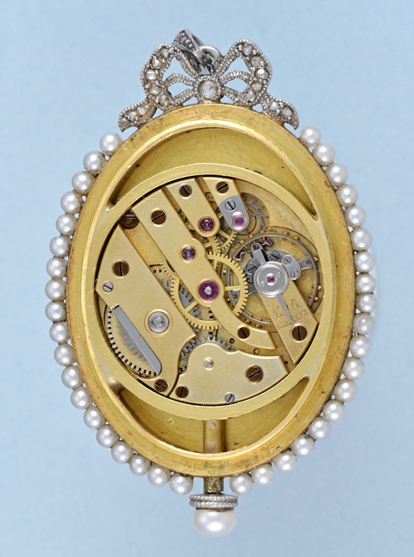 Gold and Enamel Oval Pendant Watch and Chain - image 5