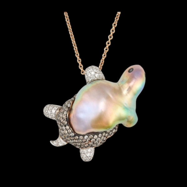 Pearl and Diamond Turtle Pendant - image 1