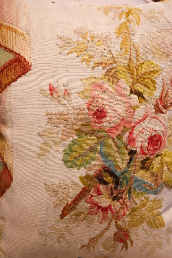 Five Antique Cushions/Pillows of Early 19th C' Hand Woven Silk and Wool Aubusson Tapestry, Circa 1820,  trimmed in Vert Havanne Silk and Cotton Fringe, re-backed in Pure Silk Dupion. - image 9