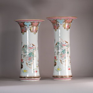 Large graduated pair of Chinese famille rose sleeve vases, Yongzheng (1723-35)