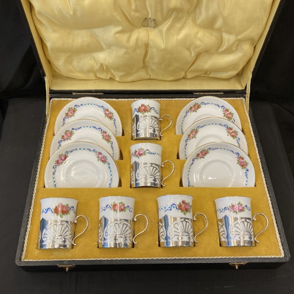 Antique Sterling silver holder Porcelain demitasse coffee/ tea cups Boxed - image 2