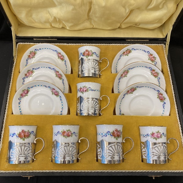 Antique Sterling silver holder Porcelain demitasse coffee/ tea cups Boxed - image 4