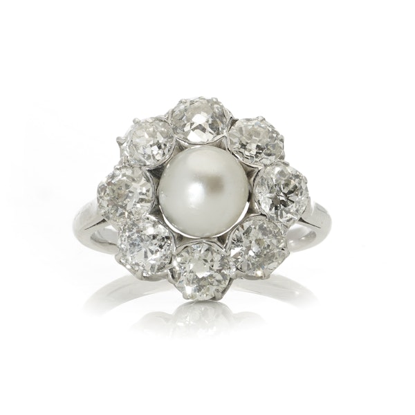 Art Deco Platinum Natural pearl diamond cluster ring - image 2