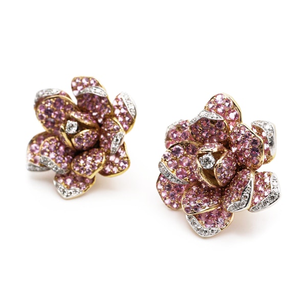 Modern Moira Pink Sapphire Diamond Gold and Silver Rose Brooch and Earrings Suite - image 8