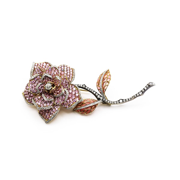 Modern Moira Pink Sapphire Diamond Gold and Silver Rose Brooch and Earrings Suite - image 6