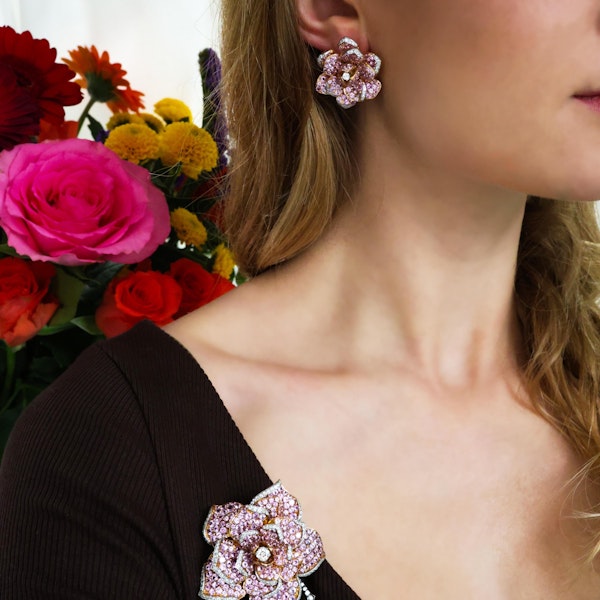 Modern Moira Pink Sapphire Diamond Gold and Silver Rose Brooch and Earrings Suite - image 2