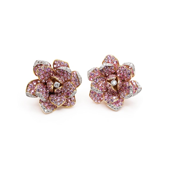 Modern Moira Pink Sapphire Diamond Gold and Silver Rose Brooch and Earrings Suite - image 7