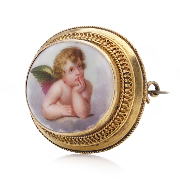 Victorian 18kt gold hand - painted enamel cherub brooch - image 3