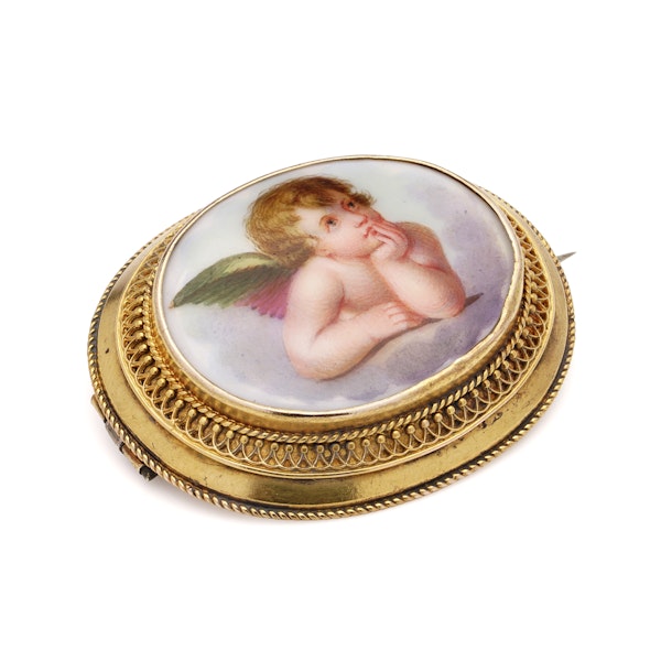 Victorian 18kt gold hand - painted enamel cherub brooch - image 5