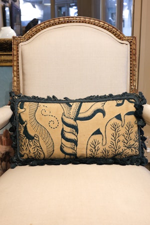 Downstairs at Grays: A Very Fine Pair of Crewel Work Panels Circa 1660, With Later Hand Dyed Indigo Henry Newbery Tassel Trim (presented as a pair of cushions)