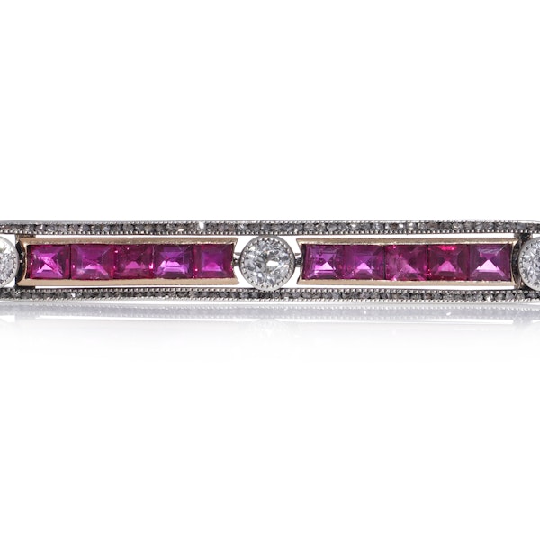 Antique 9kt Gold and Silver Bar Brooch with diamonds and rubies - image 3