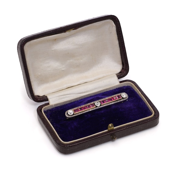 Antique 9kt Gold and Silver Bar Brooch with diamonds and rubies - image 2