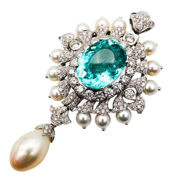 Paraiba Tourmaline, Diamond, Pearl and White Gold Brooch-cum-Pendant, Circa 1990 - image 4