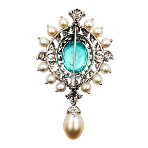 Paraiba Tourmaline, Diamond, Pearl and White Gold Brooch-cum-Pendant, Circa 1990 - image 5