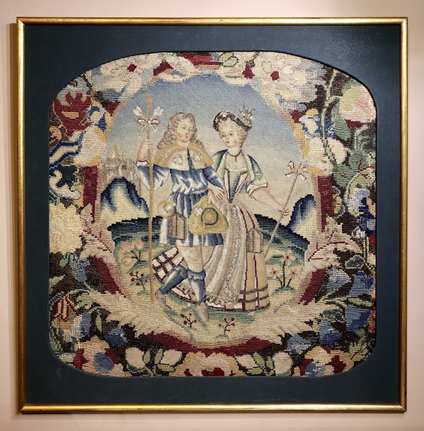 A very finely Embroidered Gros and Petit Point, Silk and Wool, Embroidered Panel "Shepherd & Shepherdess", previously a chair back rest.   French. Circa 1740 - 1750, (later frame & mount) - image 1