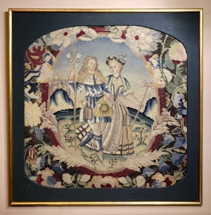 Downstairs at Grays: A very finely Embroidered Gros and Petit Point, Silk and Wool, Embroidered Panel "Shepherd & Shepherdess", French. Circa 1740 - 1750, (later frame & mount)