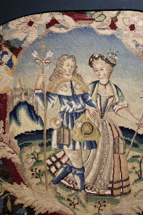 A very finely Embroidered Gros and Petit Point, Silk and Wool, Embroidered Panel "Shepherd & Shepherdess", previously a chair back rest.   French. Circa 1740 - 1750, (later frame & mount) - image 2