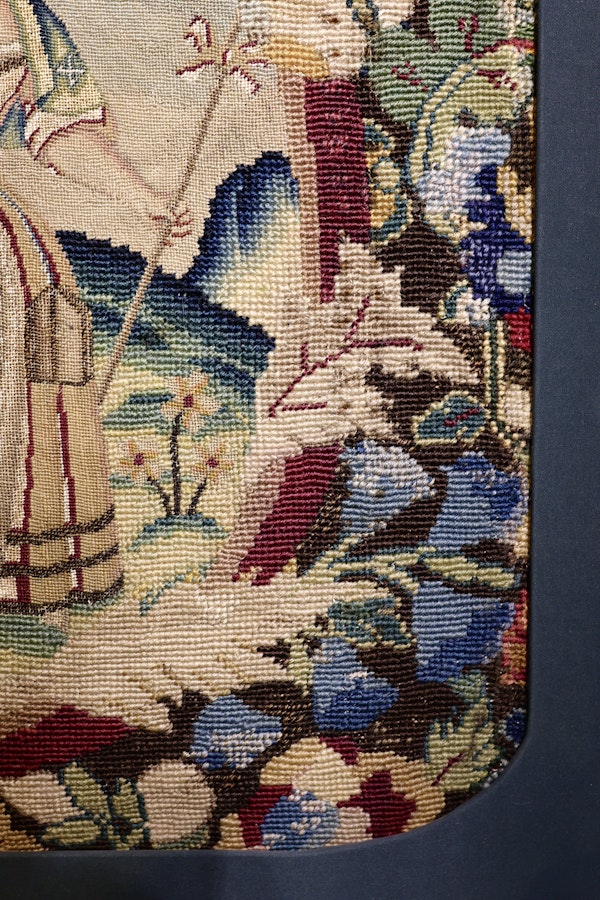 A very finely Embroidered Gros and Petit Point, Silk and Wool, Embroidered Panel "Shepherd & Shepherdess", previously a chair back rest.   French. Circa 1740 - 1750, (later frame & mount) - image 3