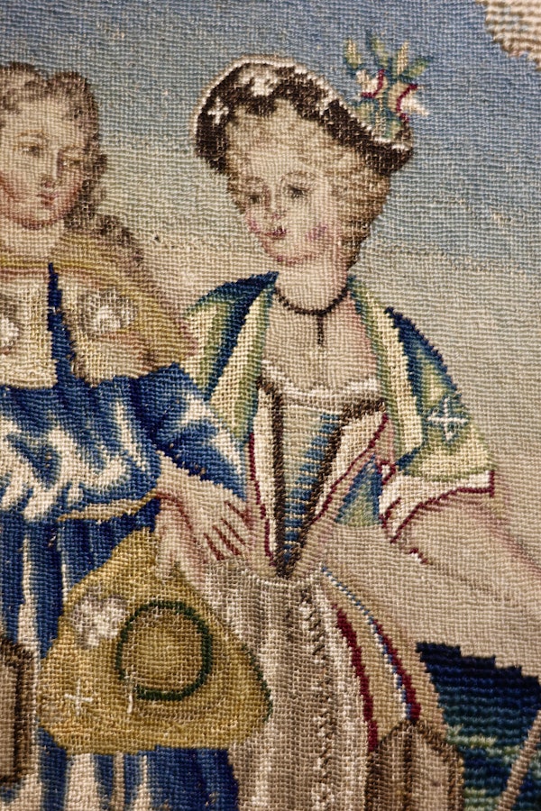 A very finely Embroidered Gros and Petit Point, Silk and Wool, Embroidered Panel "Shepherd & Shepherdess", previously a chair back rest.   French. Circa 1740 - 1750, (later frame & mount) - image 4