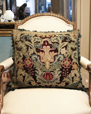 Downstairs at Grays: An exceptional panel of fine English Silk & Wool Needlepoint. Circa 1740. Presented as a cushion, with later backing & Trim.