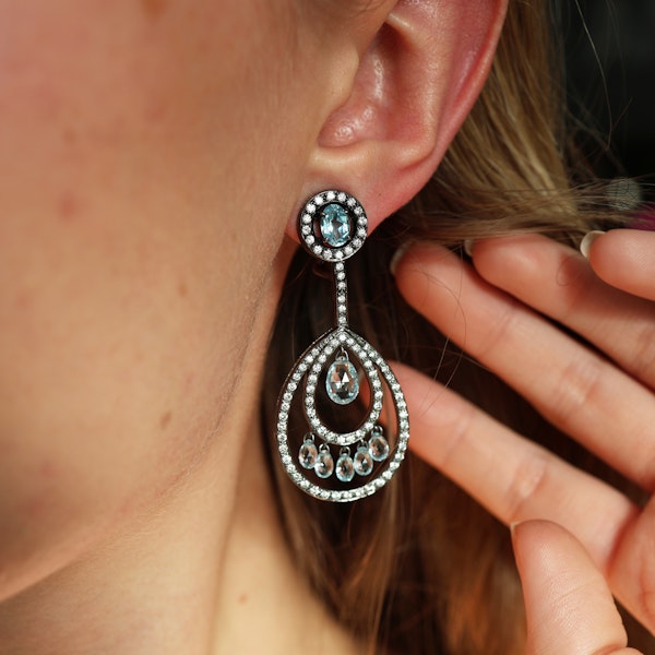 Modern Blue Topaz, Briolette Diamond And Oxidised Gold Drop Earrings - image 6