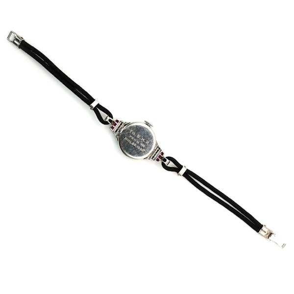 Tiffany & Co. Art Deco Ruby Diamond and Platinum Cocktail Watch With Double Cord Strap - image 4