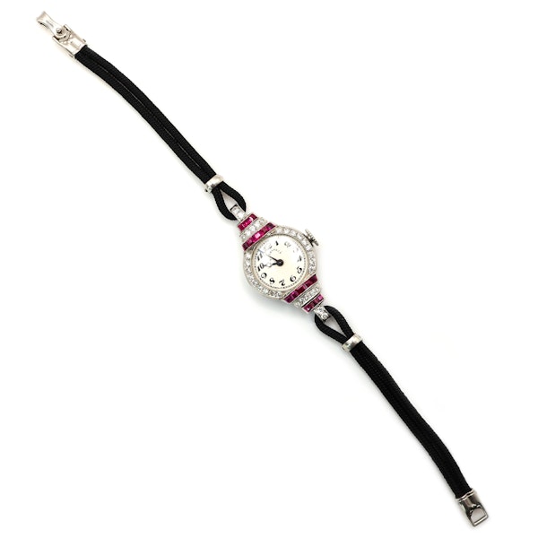 Tiffany & Co. Art Deco Ruby Diamond and Platinum Cocktail Watch With Double Cord Strap - image 2