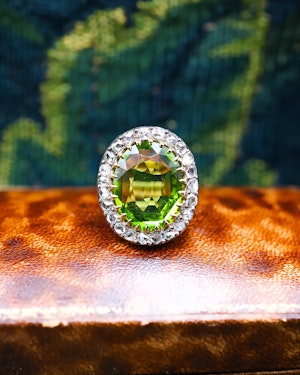 Downstairs at Grays: A very fine 18 carat Yellow Gold (tested), Silver tipped Peridot and Rose Cut Diamond Cluster Ring. Circa 1900.