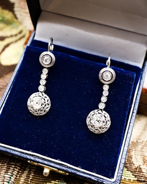 Downstairs at Grays: Platinum Antique, Art Deco Diamond Drop Earrings Circa 1925