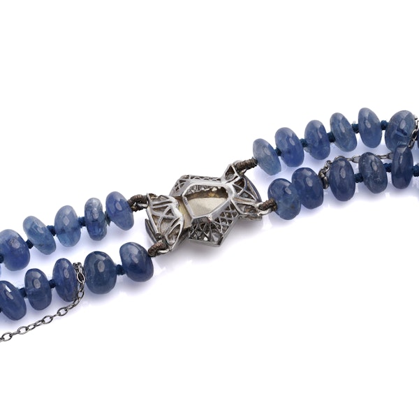 Natural Cabochon Sapphire double strand beaded necklace with platinum and diamond clasp. - image 6