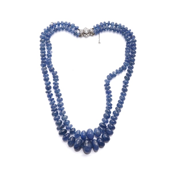 Natural Cabochon Sapphire double strand beaded necklace with platinum and diamond clasp. - image 8